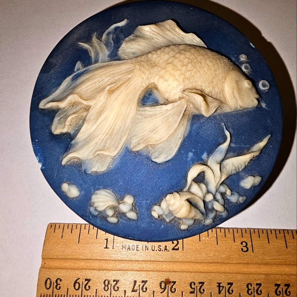 Vintage Blue Incolay Round Stone Box With Fish Design